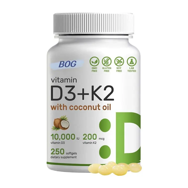 OEM&ODM Vitamin D3 K2 10000IU (200mcg) with Coconut Oil 100% Plant Based Vegan Vitamin D for Vegan and Vegetarian 250 Capsules