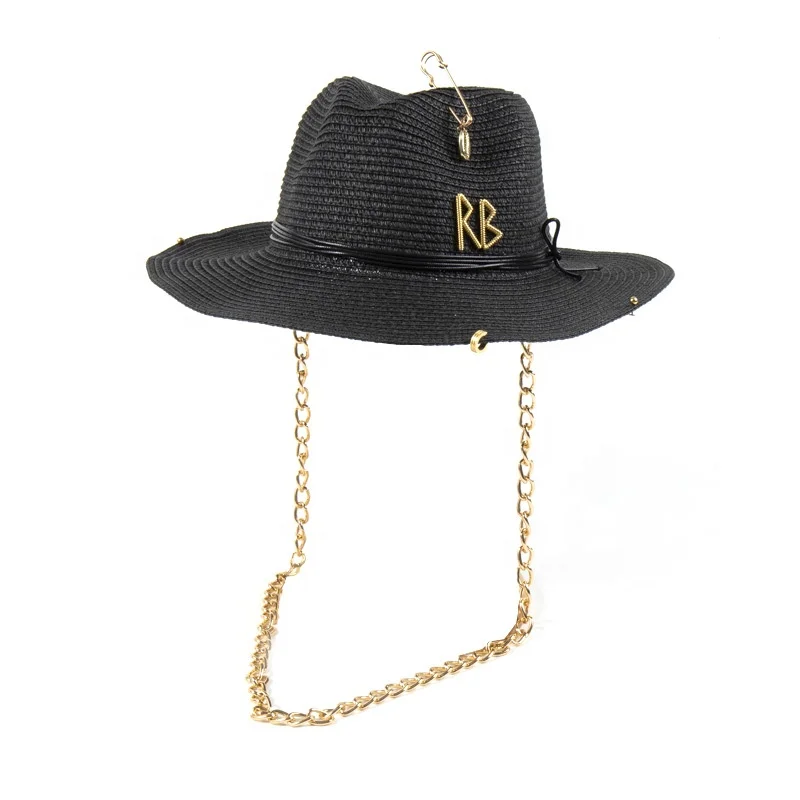 Women Fashion Retro Paper Braid Straw Panama Hat with Metal Words Pin Ring and Chain Chin Strap