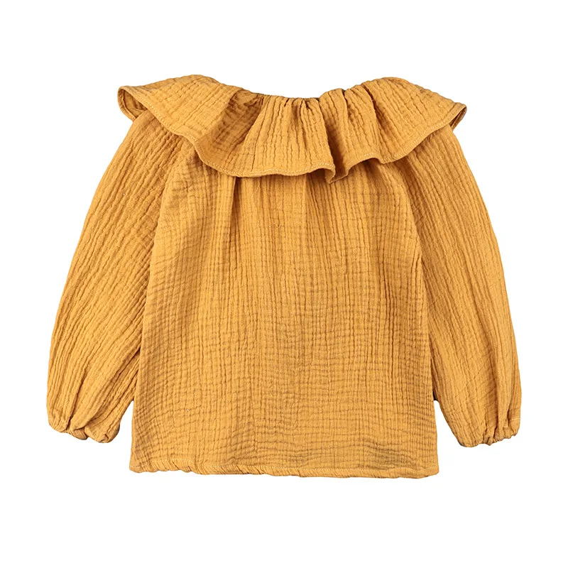 High quality wholesale bulk spring autumn boutique cotton linen lovely top long sleeve kids children baby girl ruffle shirt