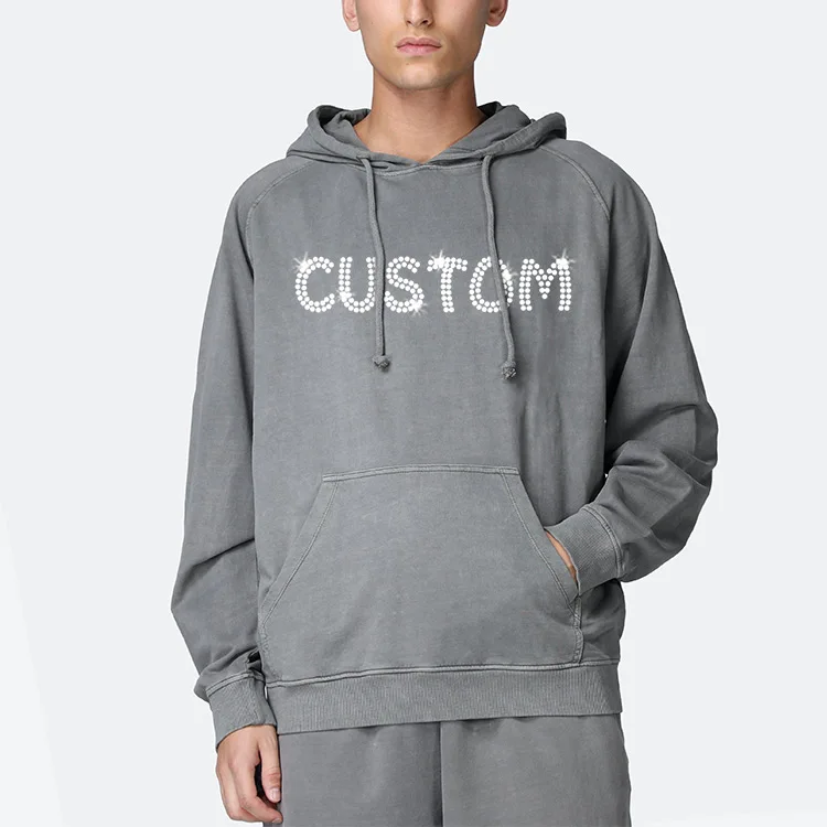 Custom streetwear fleece pullover vintage washed skull rhinestone heat transfer hoodie sweatshirt custom rhinestone clothing