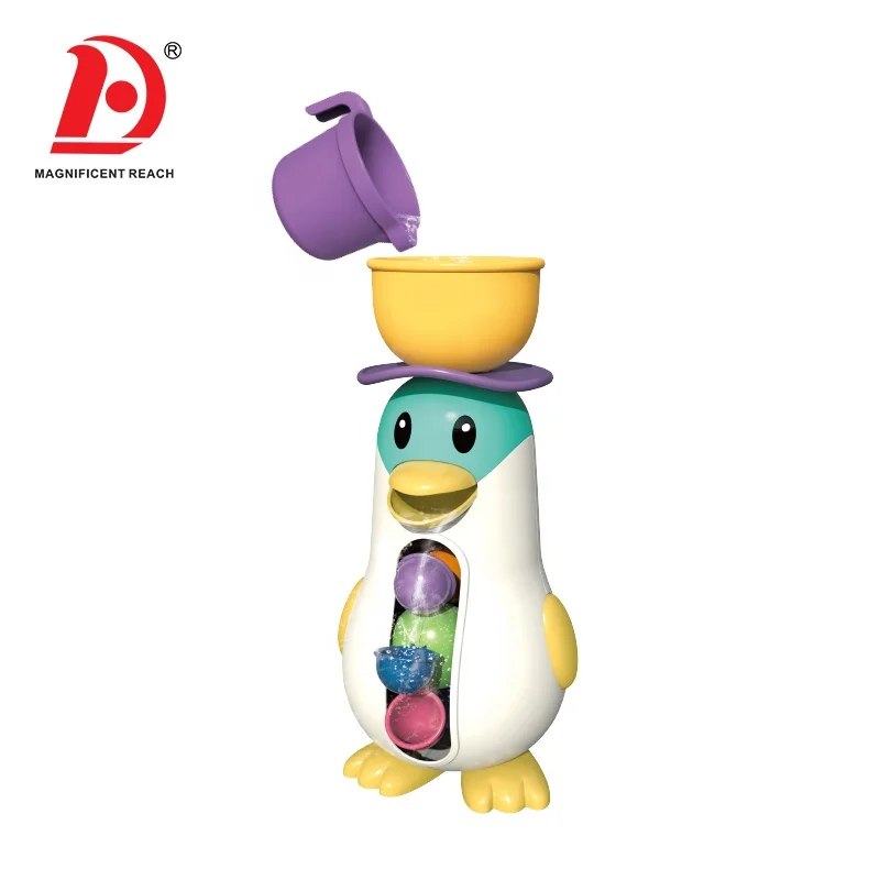 HUADA New Design Kids Bathroom Bath Tub Plastic Waterwheel Shower Game Toy Educational Funny Penguin Bath Toys Set For Baby