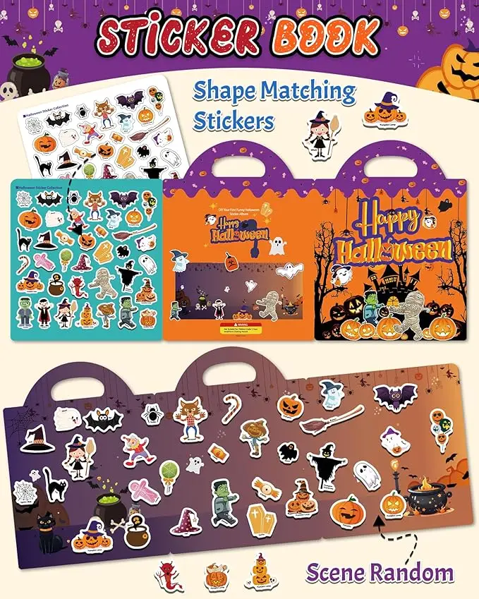 Halloween Reusable Sticker Book for 2-4 year olds,Travel Halloween Sticker Book for kids,Waterproof Sticker Book for 1-3,