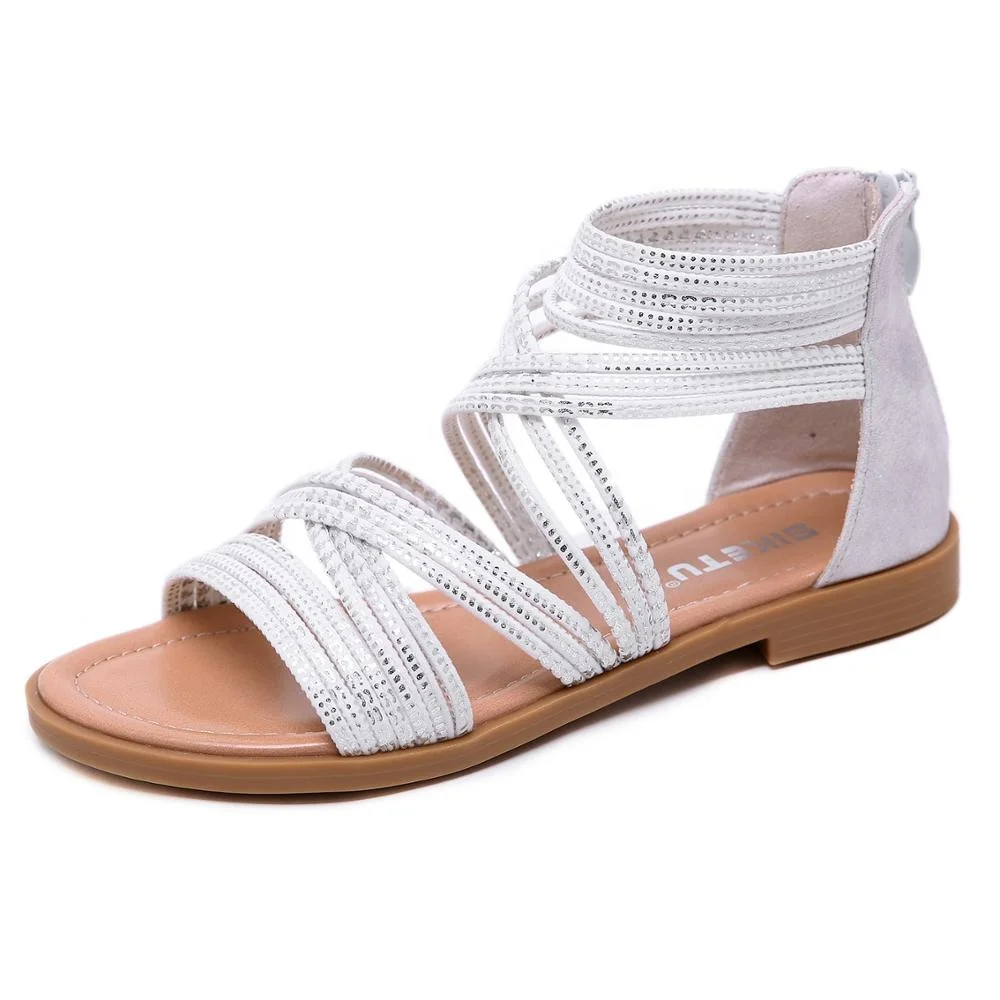 White Leather Women Sandals Rome Style Summer Woman Gladiator Sandals With Zip Female Flat Sandals Lady Beach Sandalia