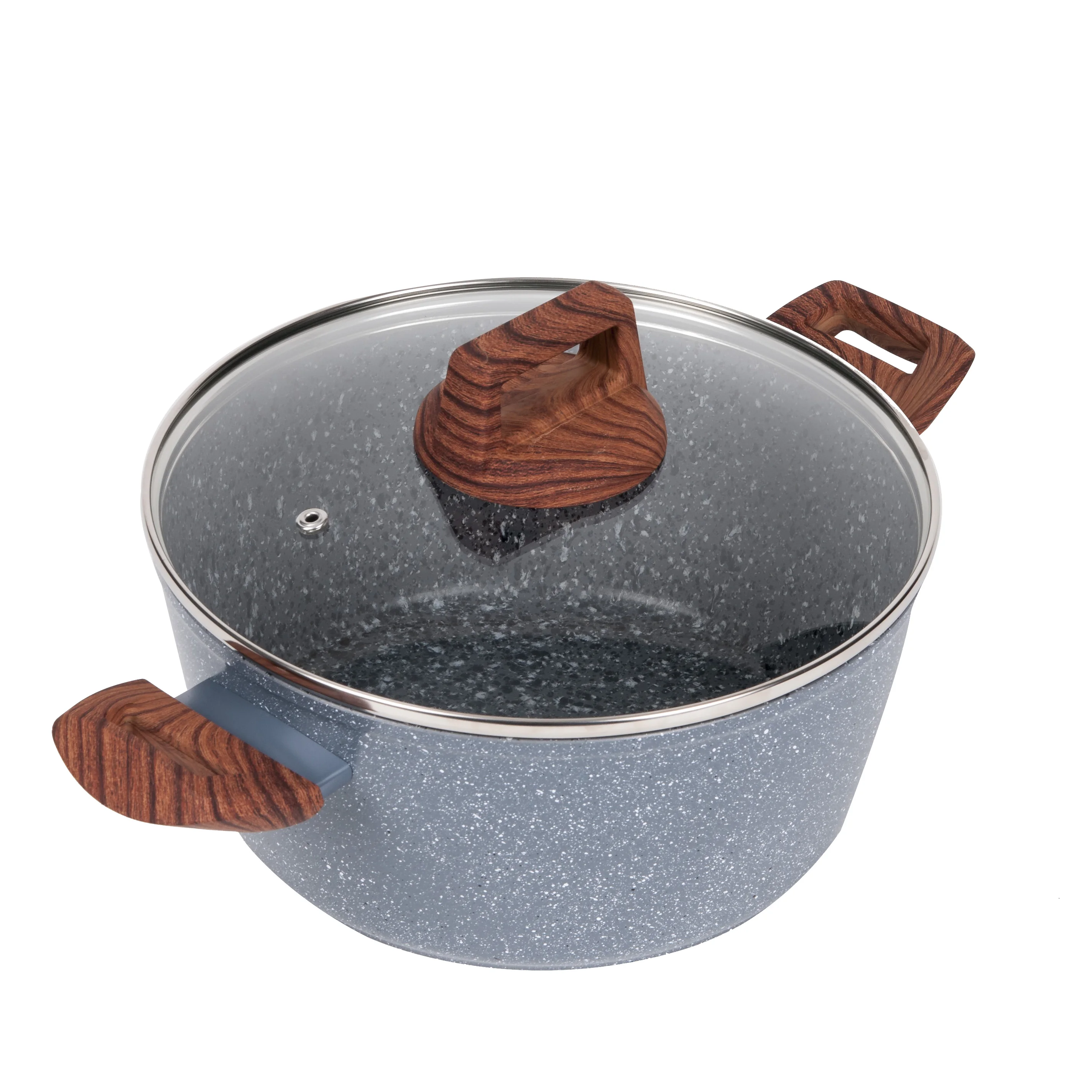 2022 new design Hot Pot Thermo Insulated Carrier Cast Casserole with Glass Lid and wooden effect handle (1600445439135)