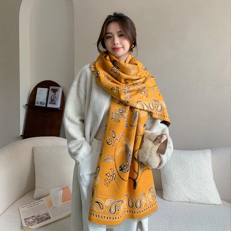 Zandy OEM&ODM winter shawl ethnic style imitation cashmere scarf for women Blue Bird Cashew Nut Warm Scarf