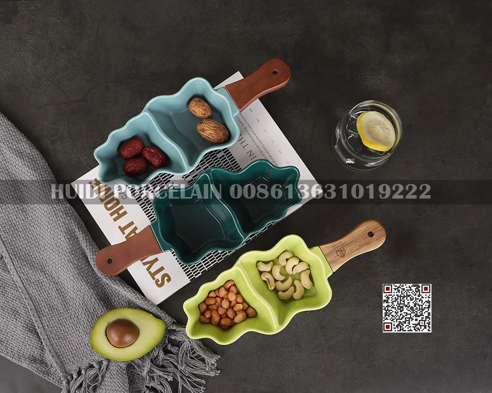 New design 2 compartment ceramic porcelain divided snack serving dish bowl serving ware ceramic
