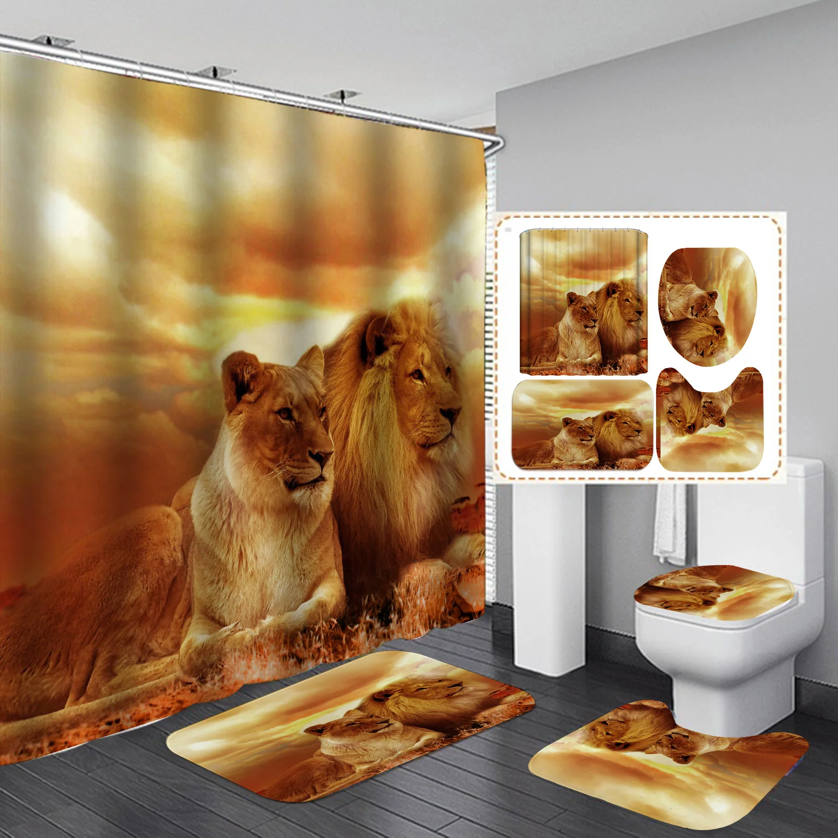 2021 New Hot Products Animated Lion Head Animated Animal Shower Curtain with Bathroom Set