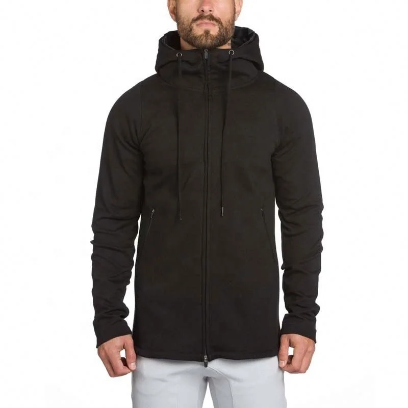 Knee length mens zip up drop tail hoodie with zipper pocket