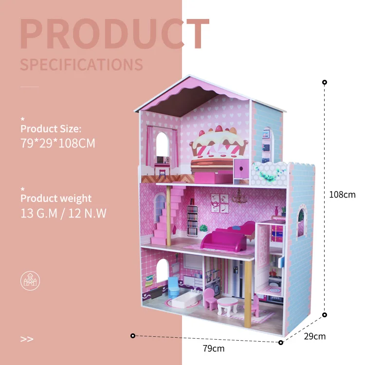 WF 2023 can children favorite doll house pink luxury DIY dollhouse Custom wholesale wooden pink doll house for girls gift