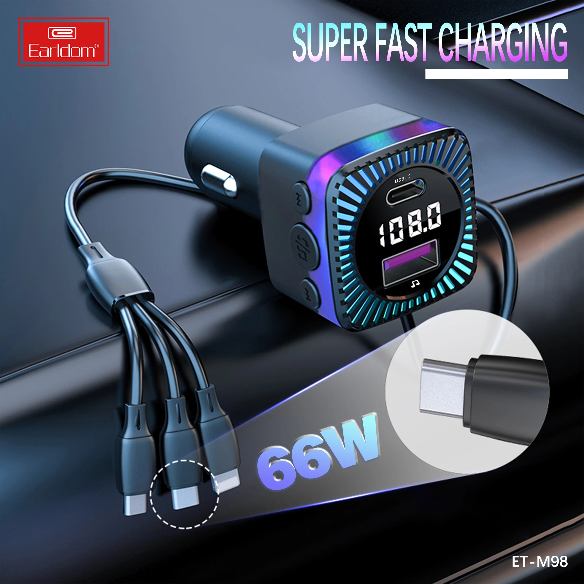 EARLDOM New Car Blue-tooth 5.3 FM Transmitter Dual USB 66W Fast Charger Wireless Handsfree Audio Receiver MP3 Player Car Kit