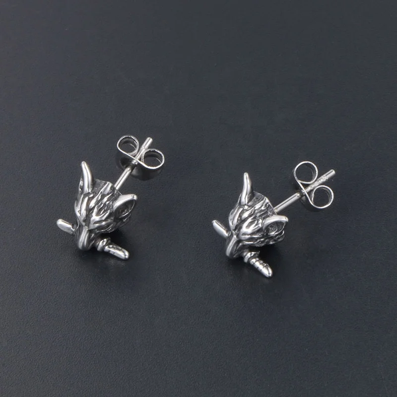 Antique 316L Stainless Steel Animal Wolf Sword Punk Gothic Earring for Men
