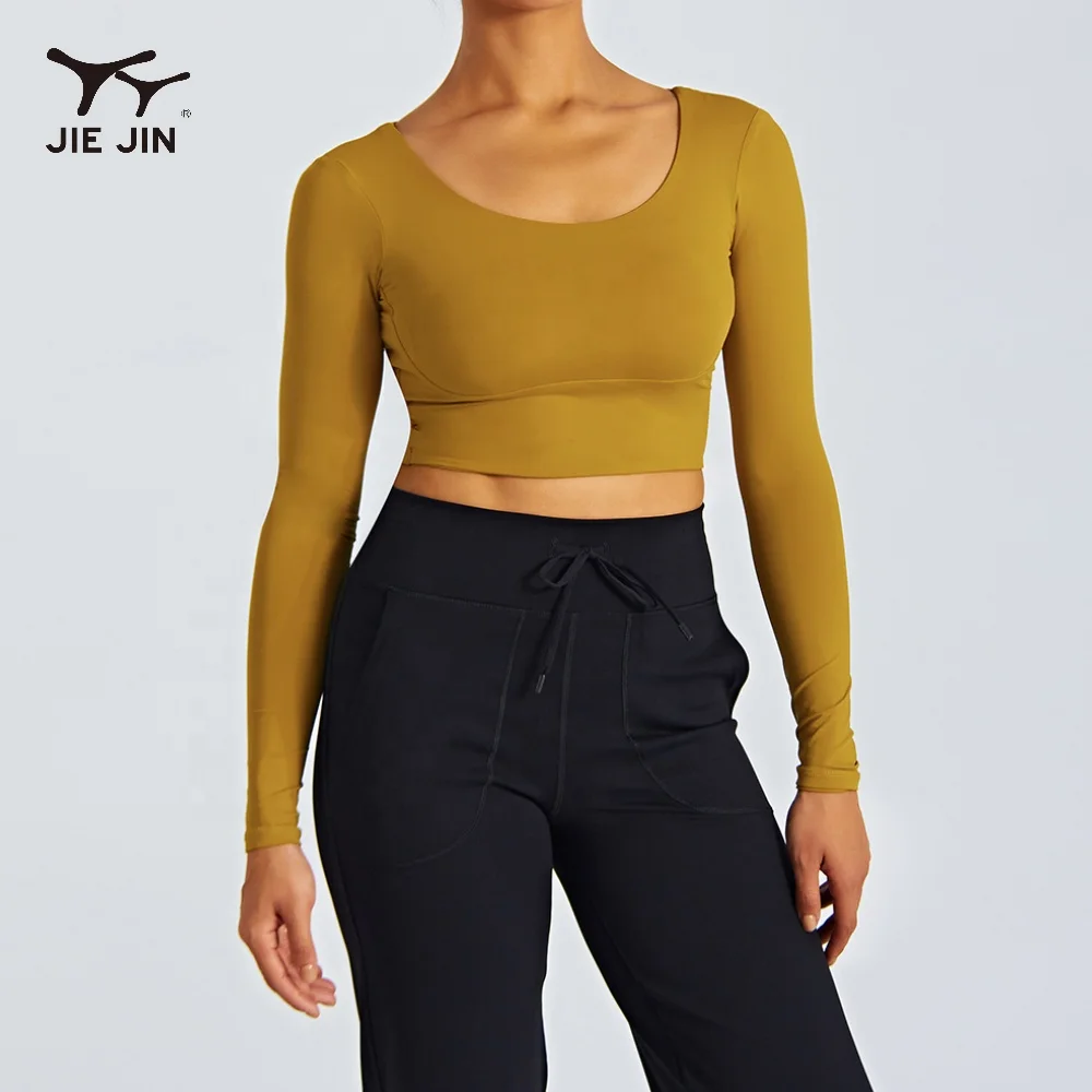 JIEJIN Designer Apparel Yoga Wear Outfits Sports Workout Cross Back Long Sleeve Crop Top Women Gym T Shirt