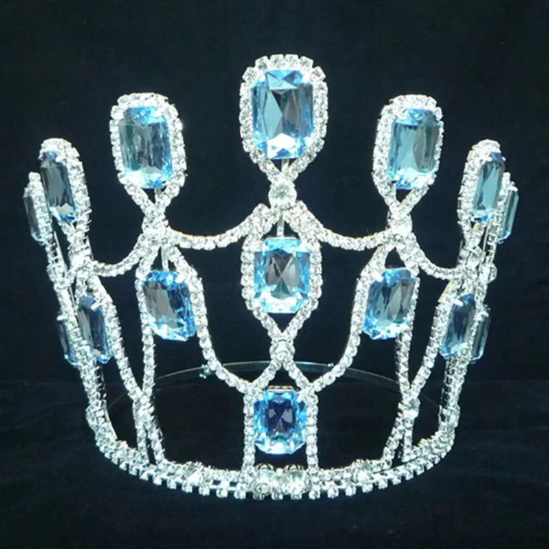 Wholesale Queen Princess Tiara Blue and Clear Rhinestones Crystal Handmade Crown Bridal Prom Pageant Party Costumes