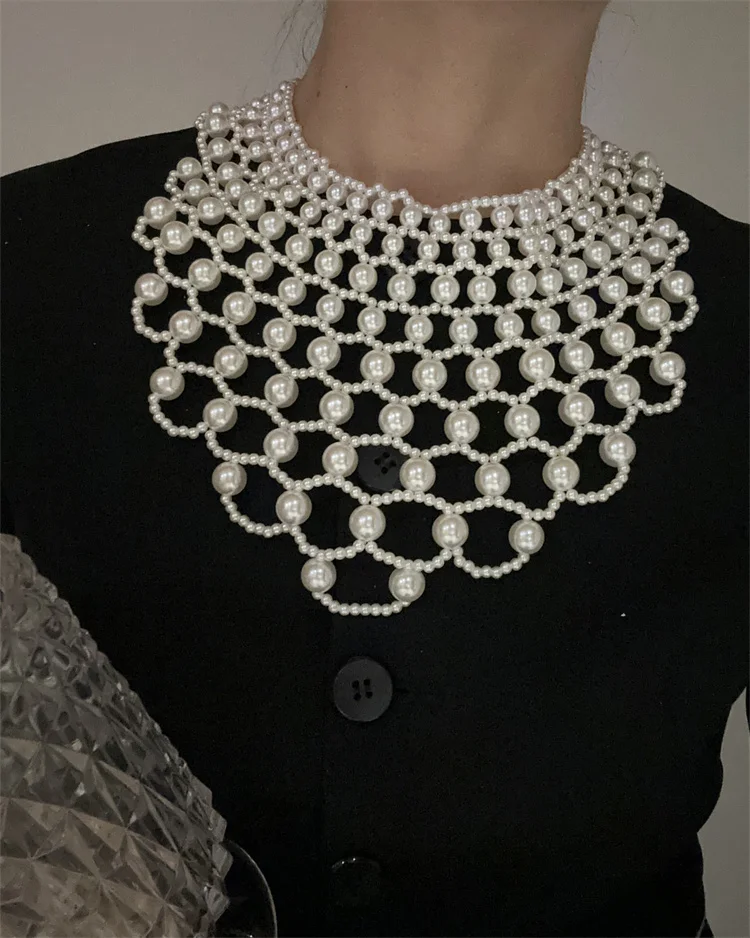Women Hollow Out Woven Imitation Pearl Necktie Necklace Retro Weaving Beaded Vintage Jewelry Choker Big Flower Shirt Tie Collar