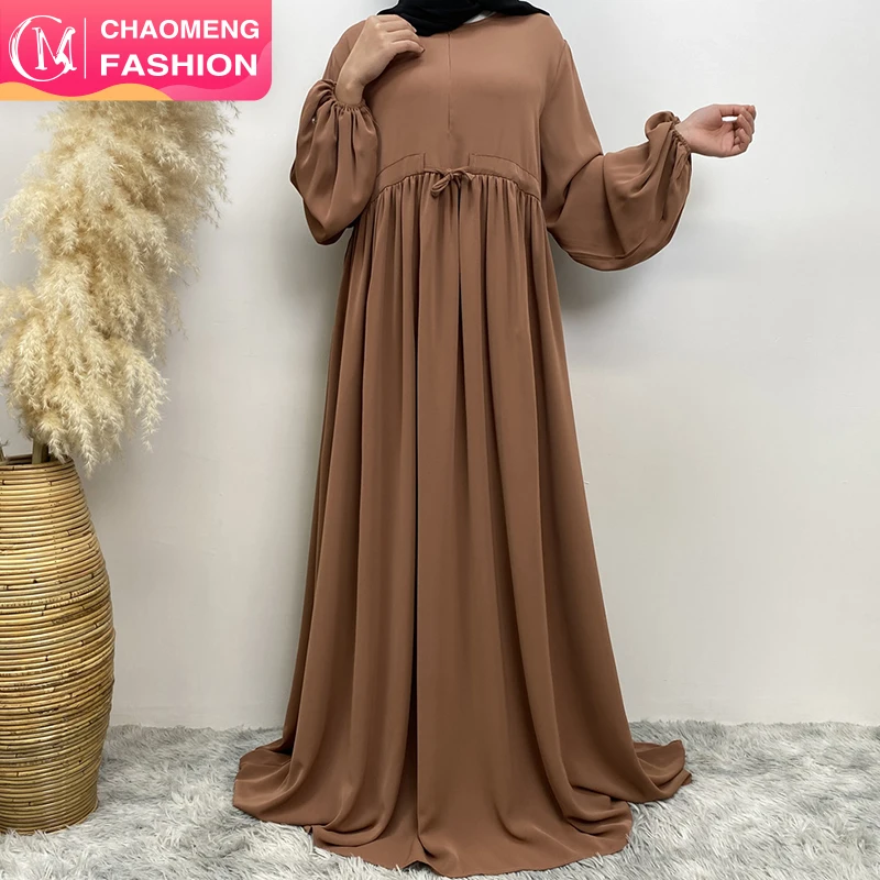 6692# New solid color closed abaya long sleeve modest muslim pregnancy abayas with front zip attached small string belt 6 colors