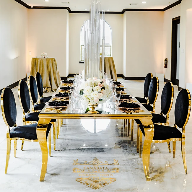 
Romantic glass top wedding hall gold stainless steel wedding table 