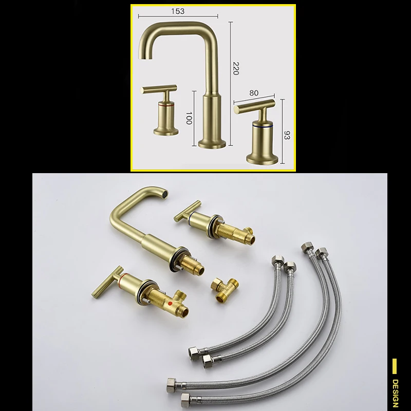 Northern Europe style brass 3 hole brush gold bathroom faucet