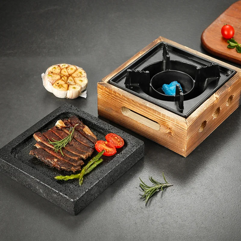 Lava Steak Cooking Stone Grill Square Hot Stone Board with Alcohol Stove