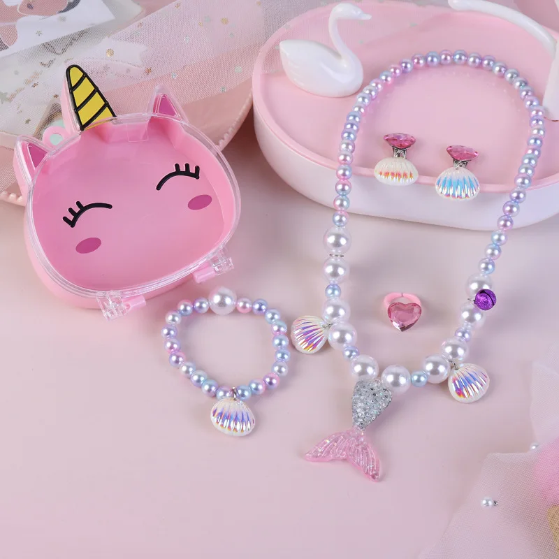 Cute Cartoon Girls Pearl Necklace Jewelry Unicorn Ring Kids Jewelry Box Set Wholesale