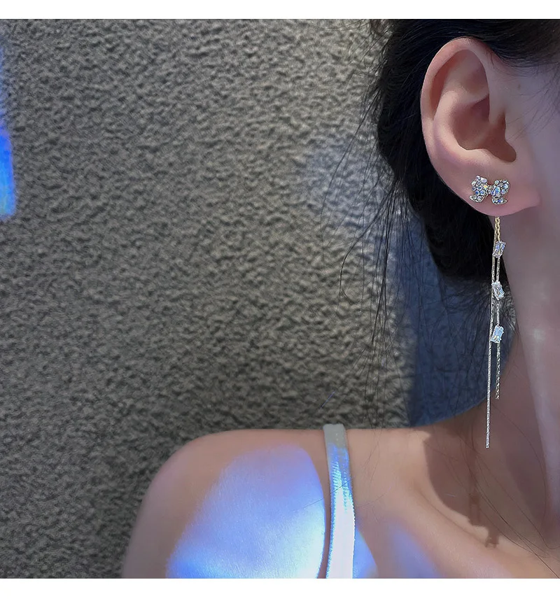 Temperament Fringe Rhinestone Earrings Bling Bling Earrings Bow Fashion Jewelry Stud Earrings