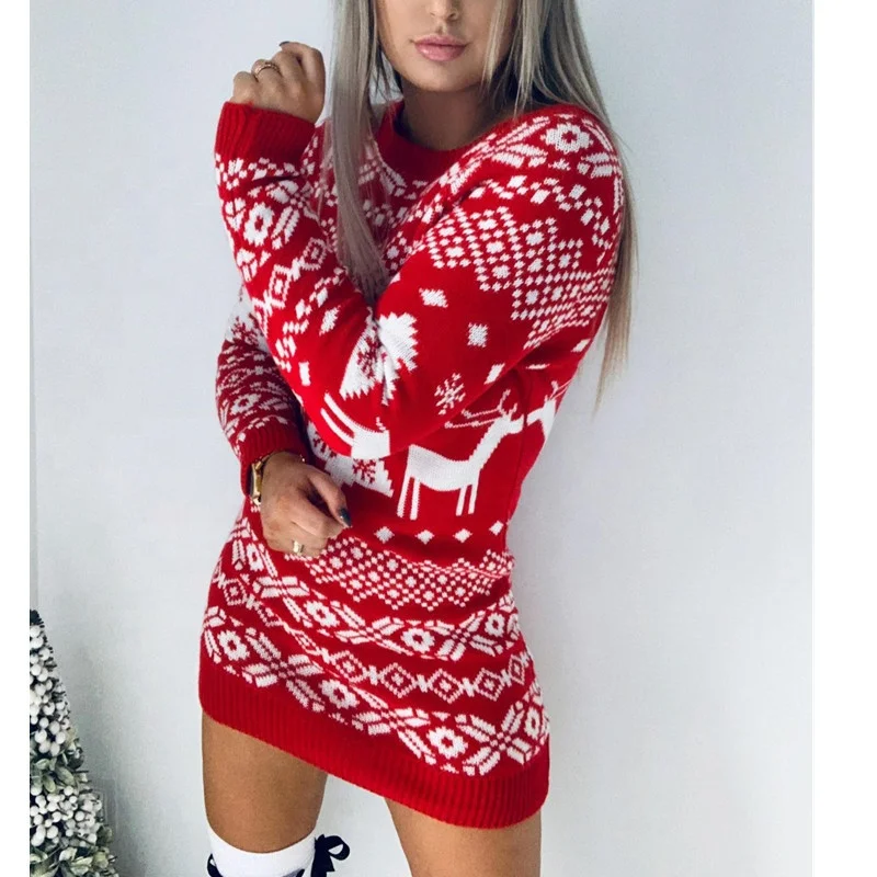 
Christmas Sweater Women Christmas Deer Warm Knitted Long Sleeve Sweater Jumper Top Winter Autumn Pullovers Plus Size 