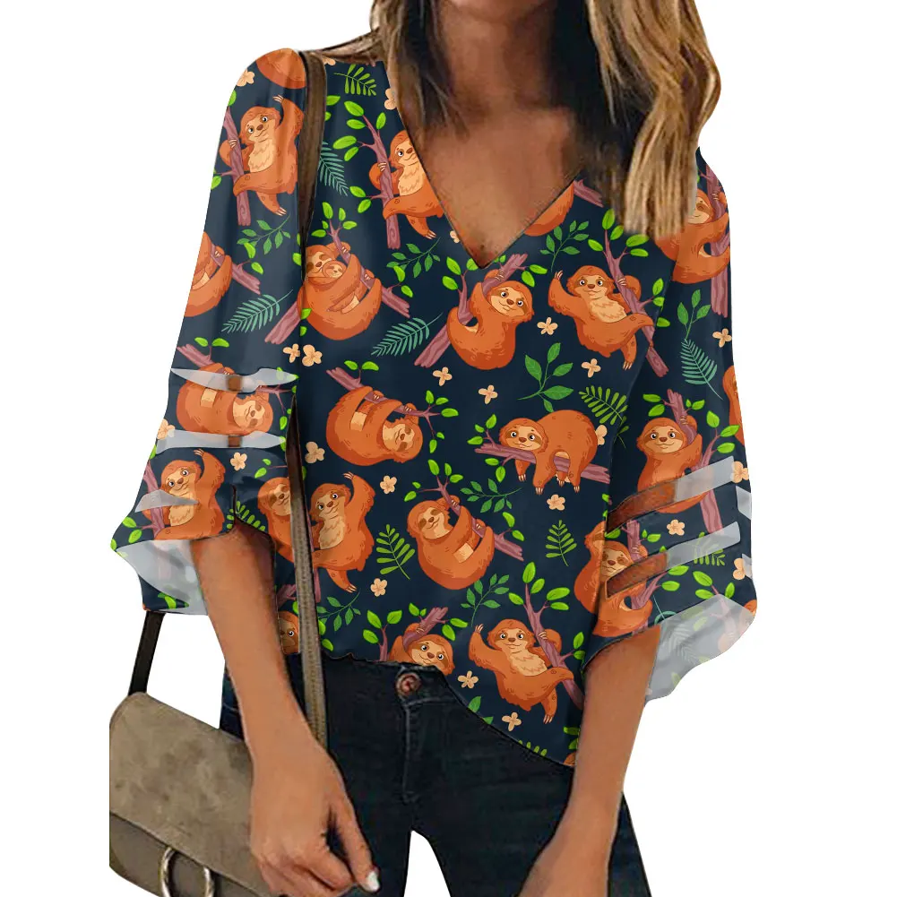 
Factory Custom Cartoon Sloth Design Pattern V Neck Lantern Sleeve Shirt Casual Loose Tops Blouses Woman Clothes Trending 