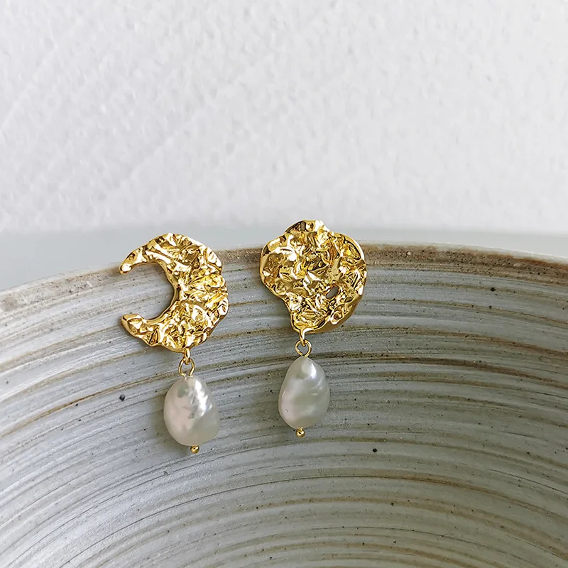 European 100% 925 Silver Natural Pearl Pendant Earrings 18K Gold Plated Hammered Fresh Water Pearl Drop Earrings