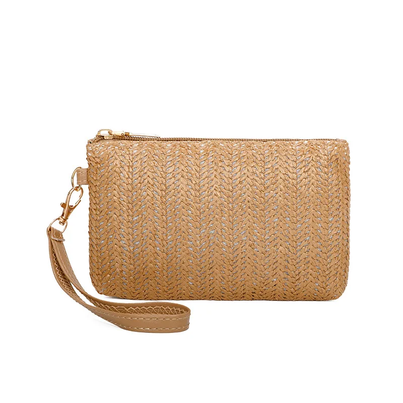 Latest Recyclable Woven Rattan Purse Wallet with Zipper Polyester Wrist Strap for Beach Mobile Phone Bag Women Straw Clutch