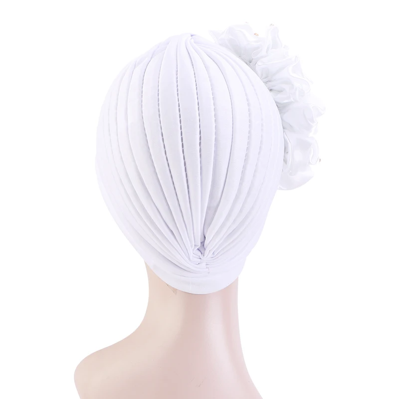 Wholesale Custom Logo Hair Accessories Muslim Big Flower Beaded Turbans Solid Color Ruffle Pre Tied Knotted Turban Cap For Women