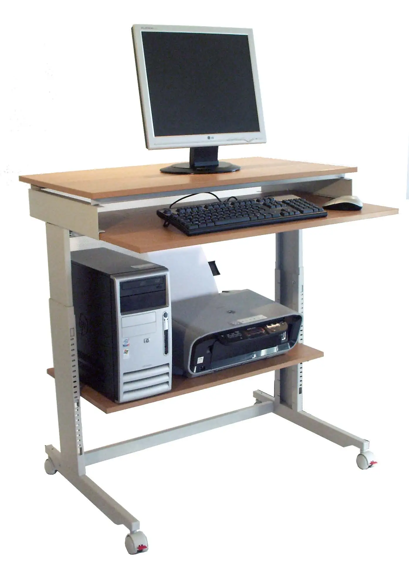 Twinco PC workstation Work standing or sitting Lift height adjustment Four double swivel castors, two with wheel stops Computer