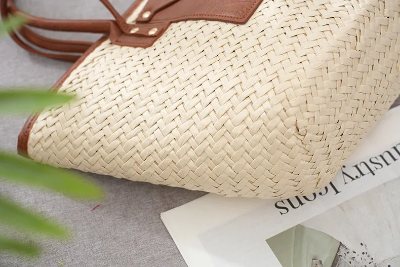 Niyang new design summer beige color handmade weaved large tote leather shoulder strap women handbag paper straw basket