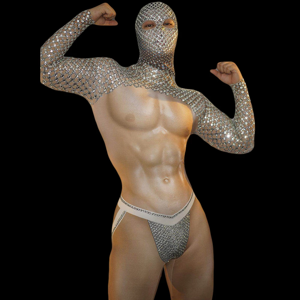 Rhinestone Men One Piece Bodysuits Carnival Party Wear Pole Dance Leotard Bodycon Romper Stage Performance Jumpsuit