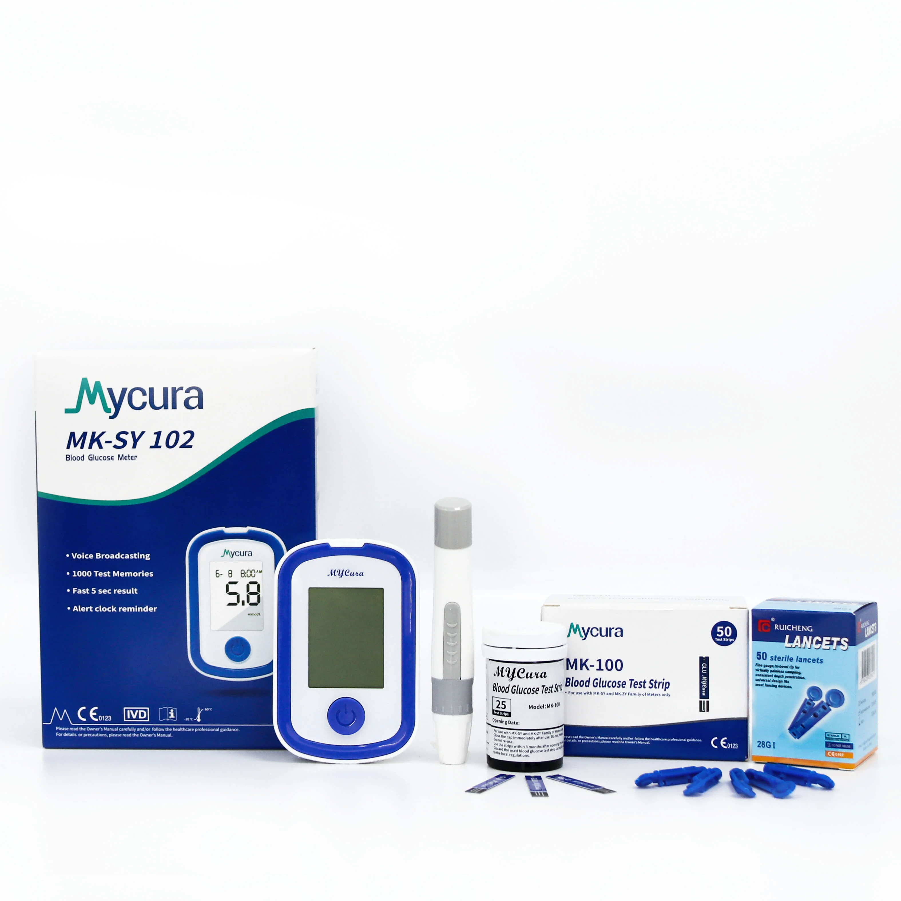 Mycura Voice broadcasting Instant glucometer with 50 test strips