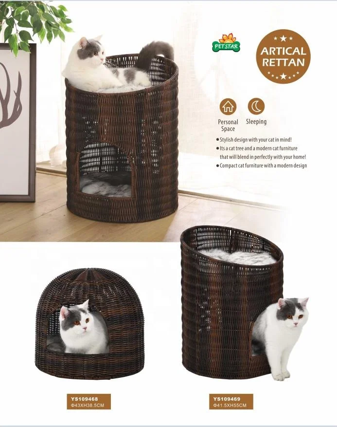Modern Stylish Design Pet Furniture Washable Cat Cave Round House Artificial Rattan Wicker Cat Bed