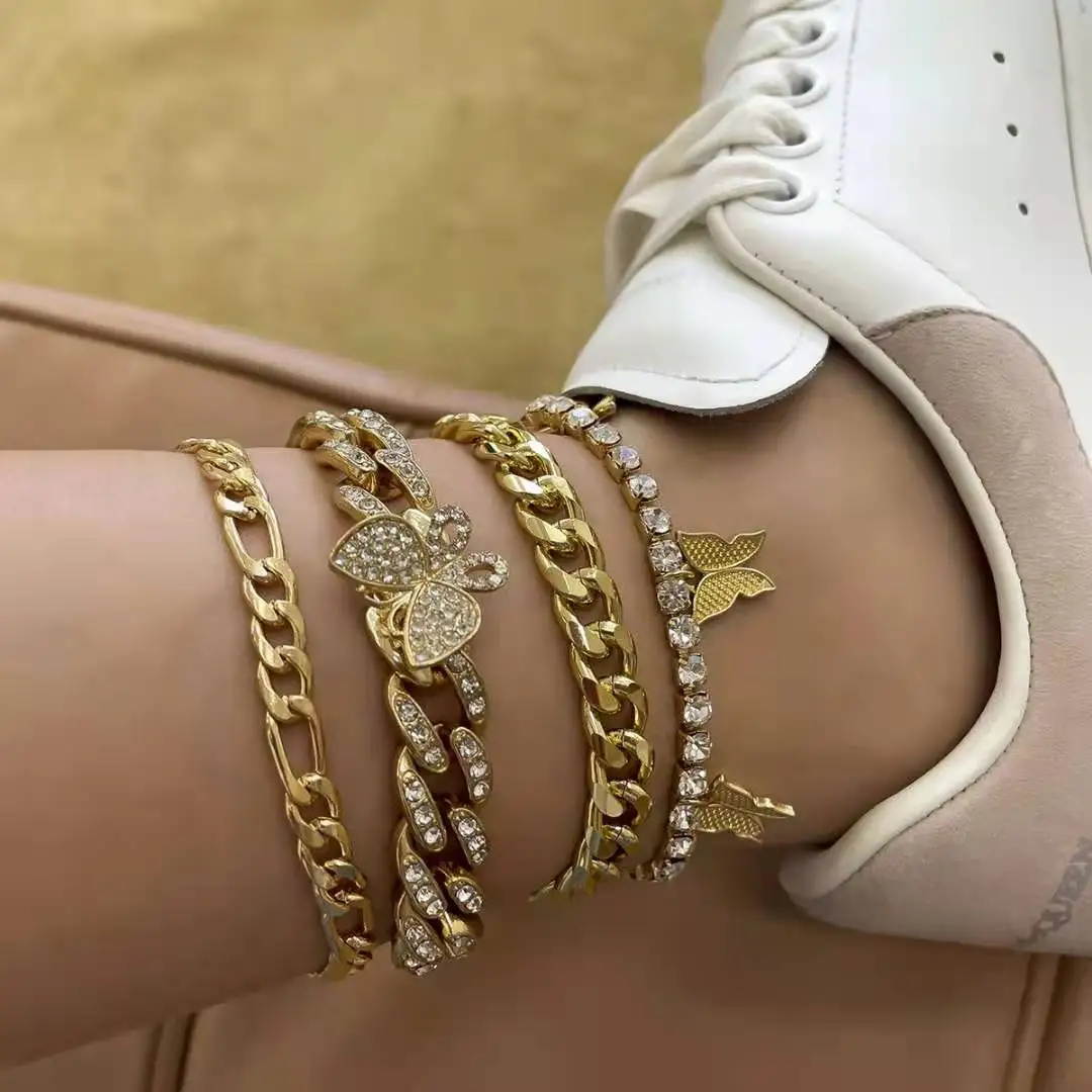 
Vintage Cuban full diamond claw thick multi layers chains butterfly custom anklet jewelry 