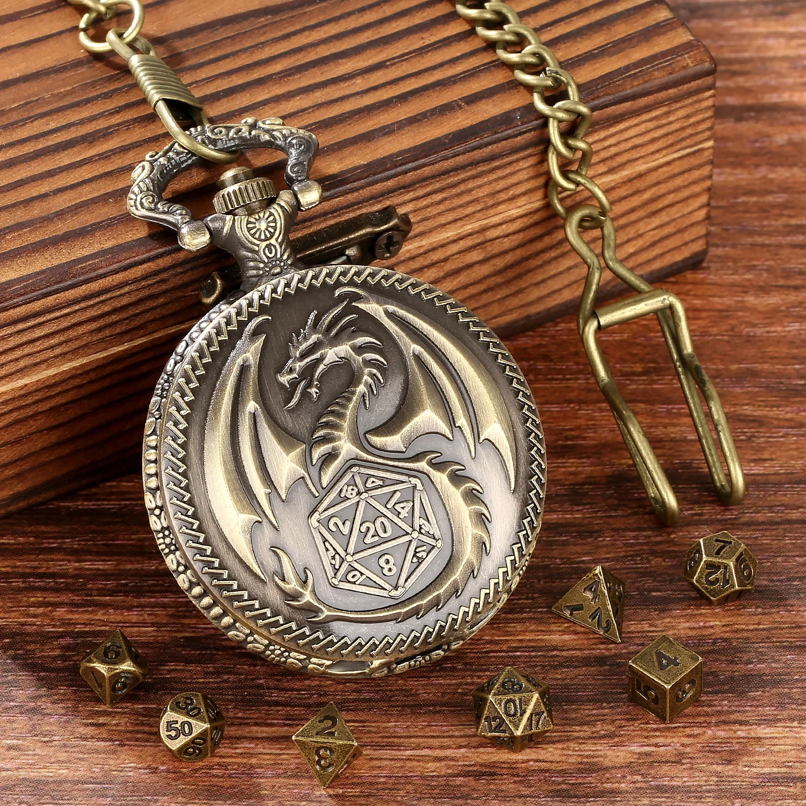 DND Dice Storage Case Pendant Gold Antique Old Pocket Watch for DND Player
