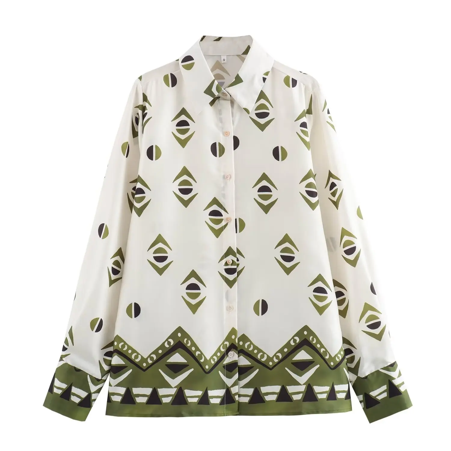 PB&ZA Women 2024 summer New Fashion Silk satin texture print Blouses Vintage Long Sleeve Female Shirts Chic Tops