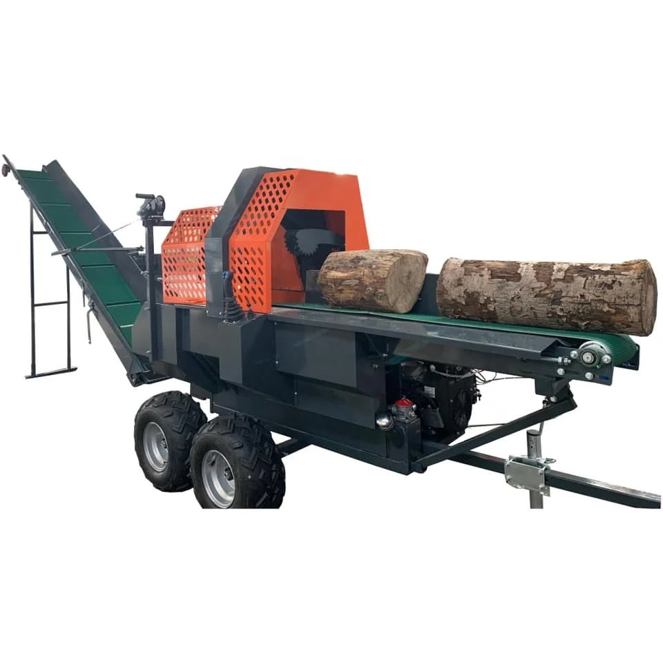 Gasoline powered firewood processor with joystick controls the feeding, sawing, and splitting of logs