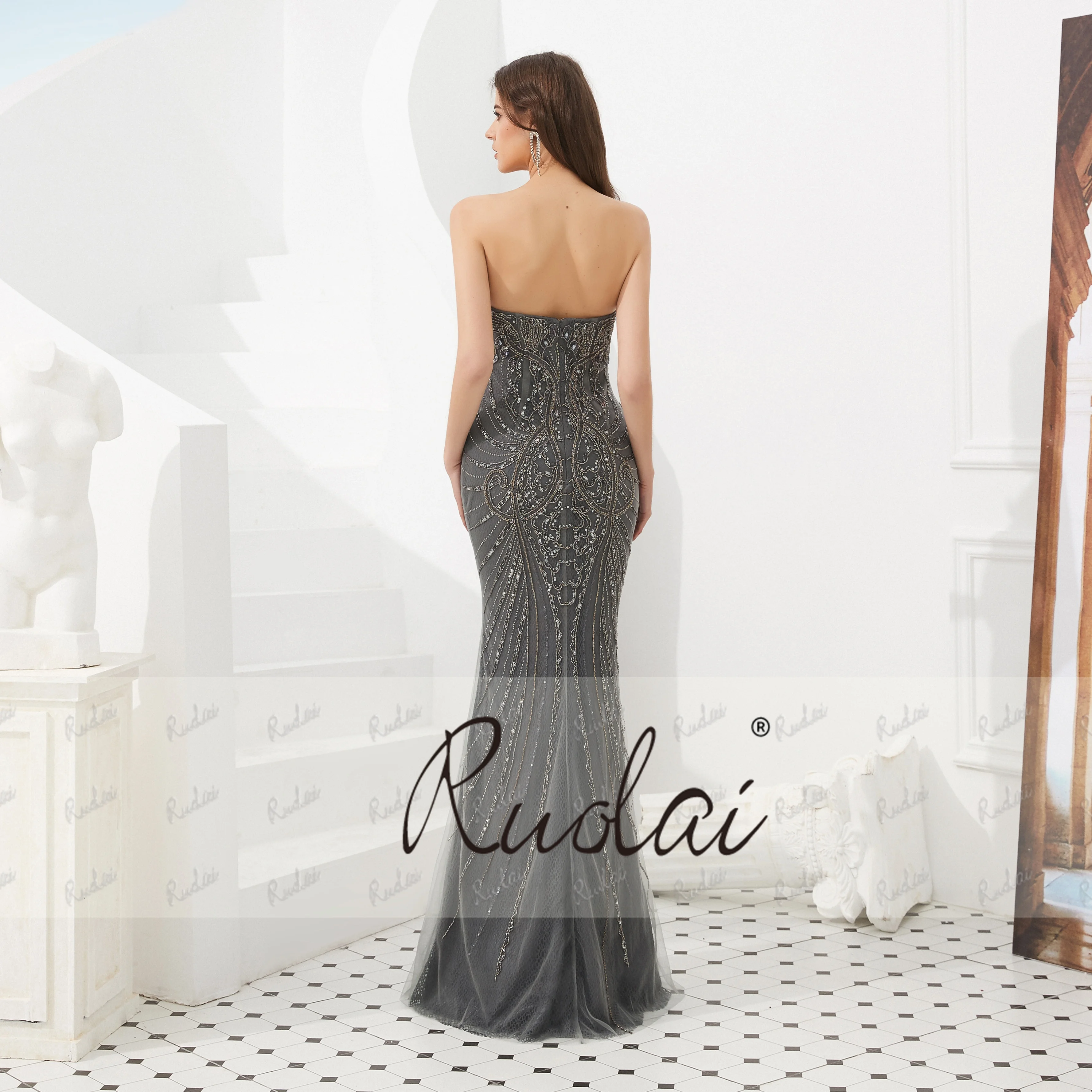 Ruolai LDC6710 New 2024  dark grey formal dress with Long Cloak Heavy Beading Luxury abendkleid Evening Dress