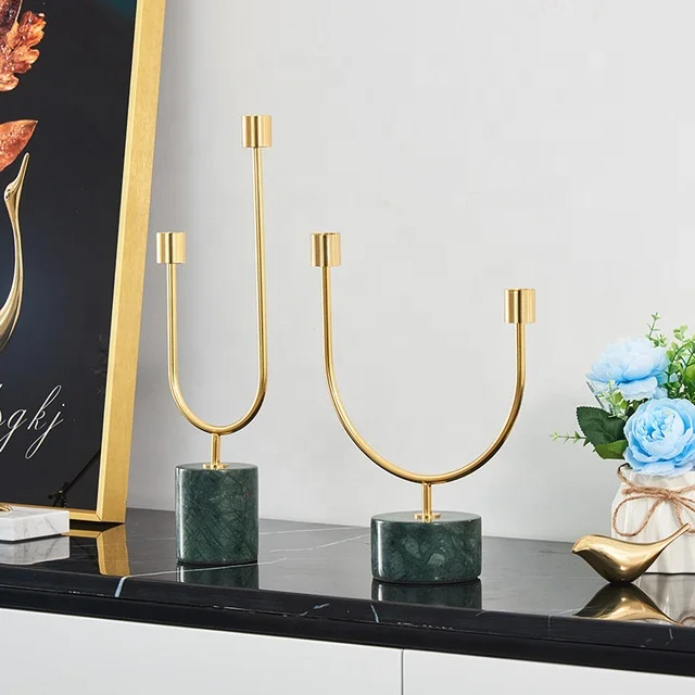 Luxury gold metal decorative accessories home decor candle stick candle holder with marble base table decor Romantic