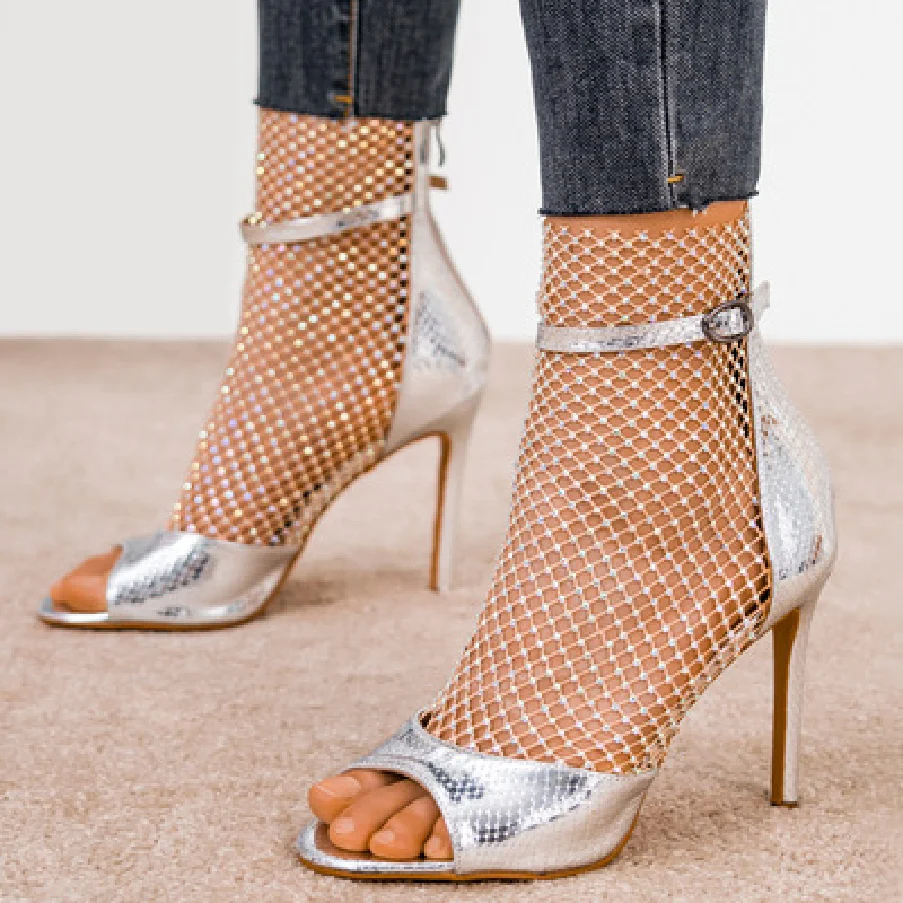 Hot Fashion New Thin Heel Rubber Bottom Back ZipperpuWomen S Mesh Rhinestone High Heel Sandals