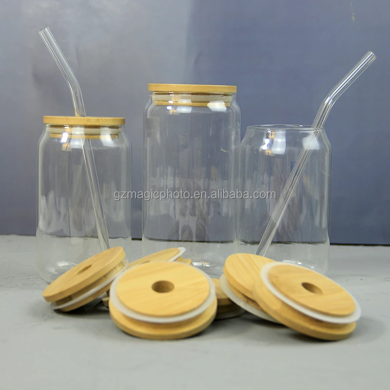 16oz Glass Soda Can Blank Sublimation Beer Glass Can with Bamboo Lid and Straw