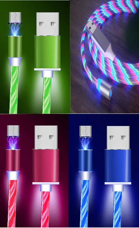 Магнитный USB-кабель 3 в 1 2 м Светодиодный светящийся бегущий кабель Micro USB Type-C кабели для мобильных телефонов яркий зарядный