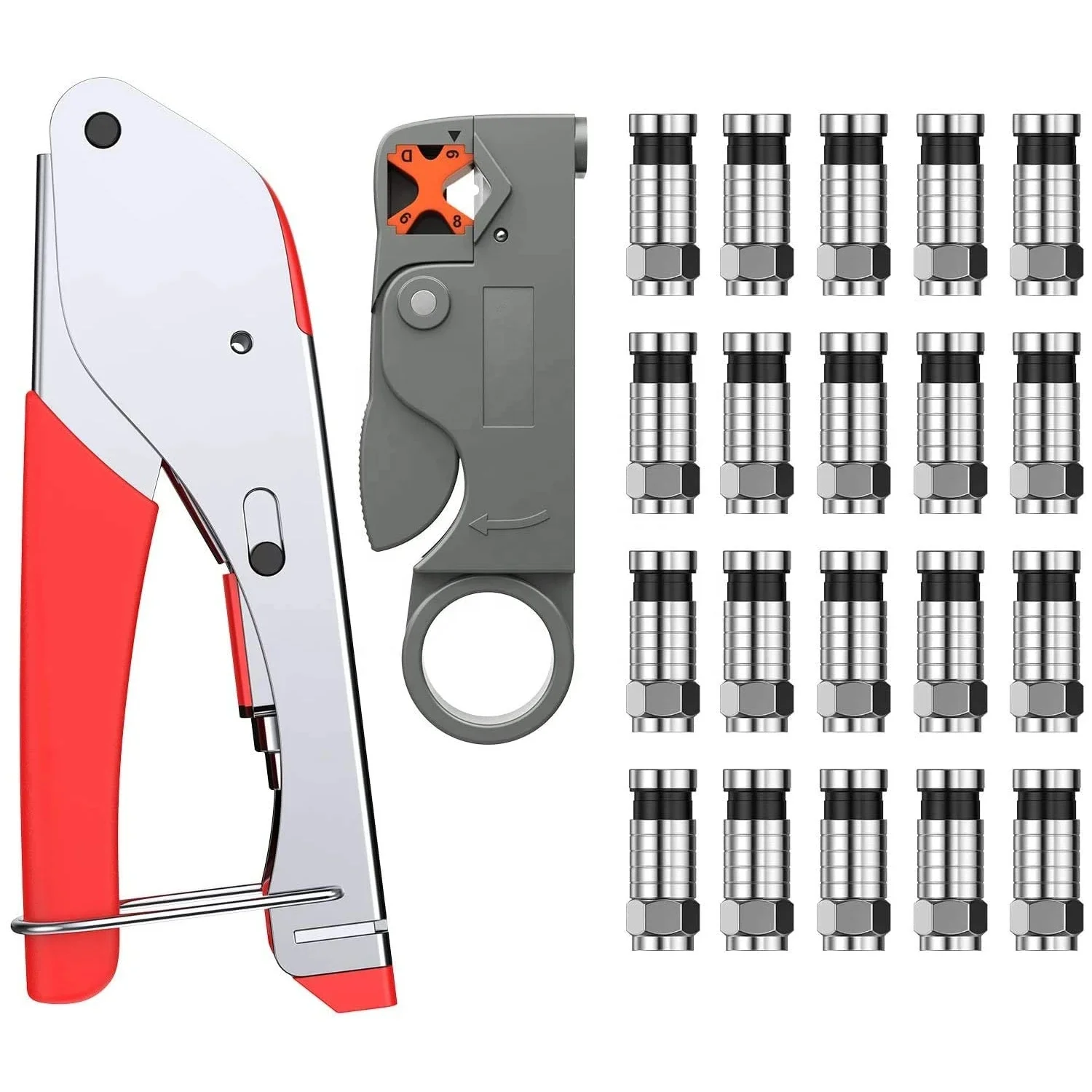 Portable Coaxial Cable Stripping Tool Set Terminals Crimper Plier Wire Stripper 20 F-Type Connector Wire Cutter for Coaxial Cabl