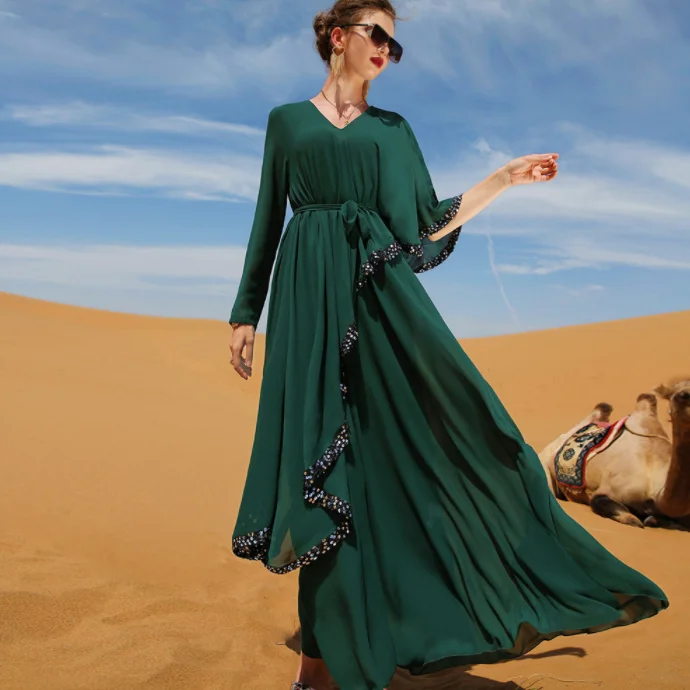 Dark Green Double Chiffon Sequin Irregular Muslim Dress Turkey Clothing Abaya Women Muslim Dress