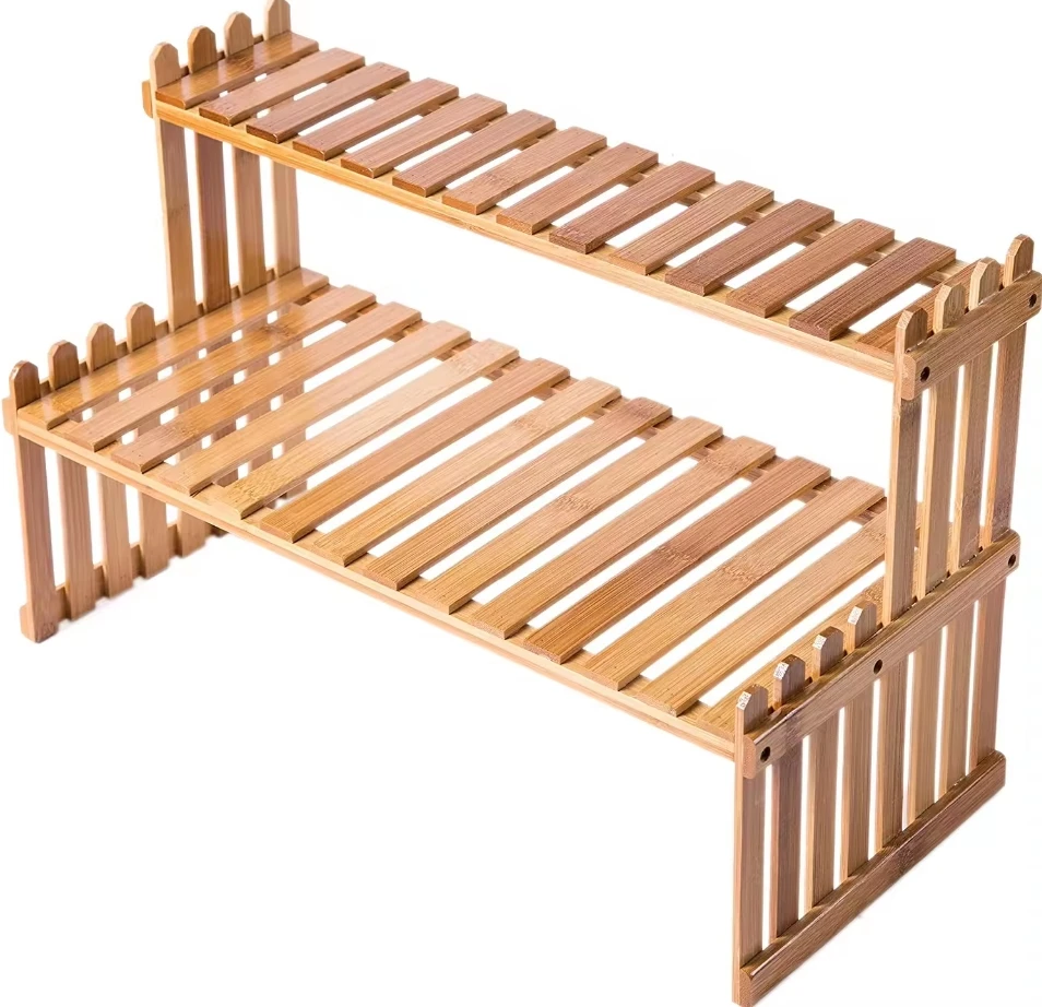 Multifunction Natural Bamboo Kitchen 2 Layers Spice Storage Rack Desktop Organizer Display Shelf For Home