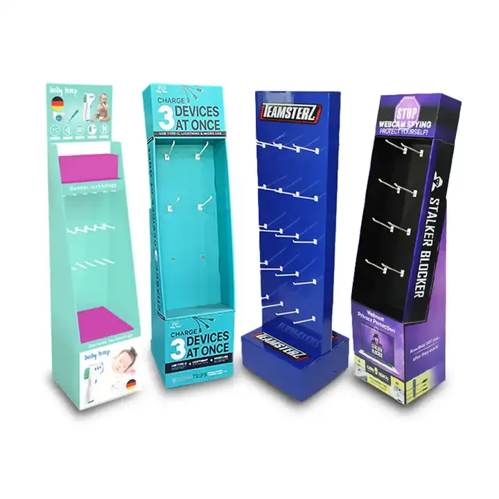 Custom Corrugated Cardboard Cell Phone Case Data Line Cable Display Floor Stand Rack With Hooks