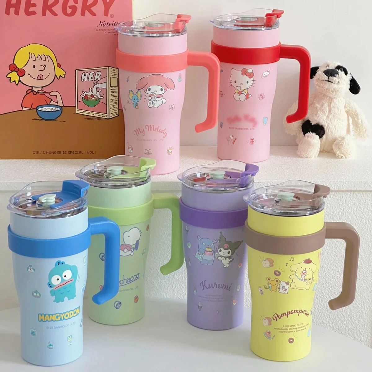 Hejin Hot Selling Sanrio 900ml Kawaii Anime Kuromi Melody Kitty Cat Portable Ice and Water Cup with Handle Straw