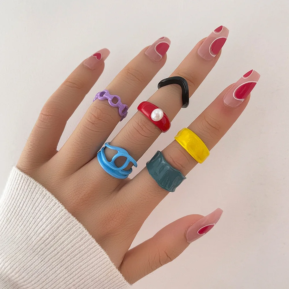 6pcs/set 2022 New Personality Simple Alloy Spray Paint Candy Color Rings Geometric Open Ring For Women