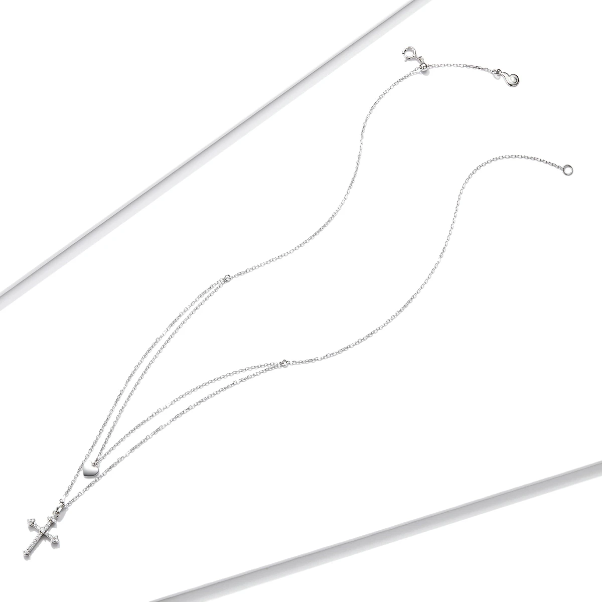 925 Silver Jewelry Double Chain Heart Cross Pendant Necklace for Women with Zircon Gemstone